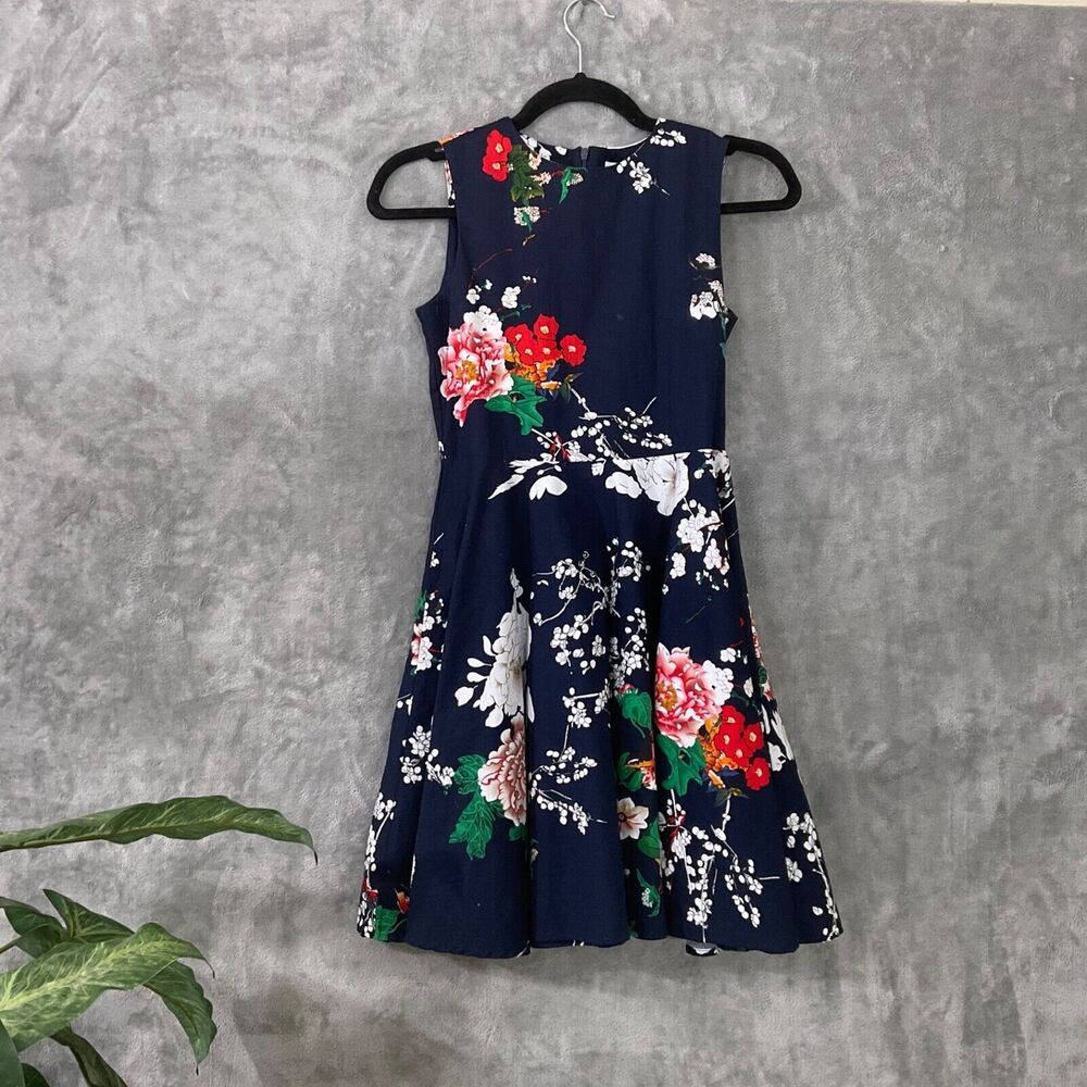 Kate Kasin Fit & Flare dress Girls Size 11-12 Y dark navy blue floral